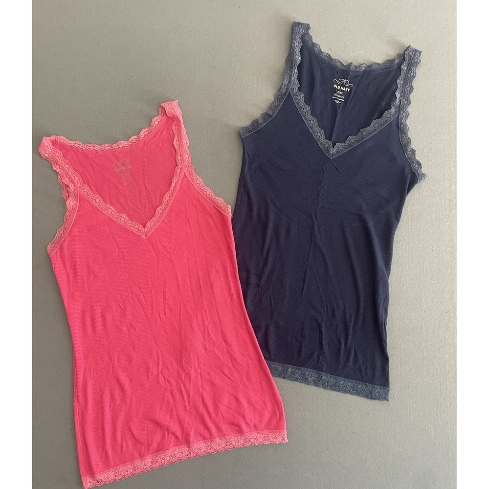 Y2K Old Navy Tank Top Lot (2) Women M Pink‎ Blue Lace Trim Coquette Ribbed VTG